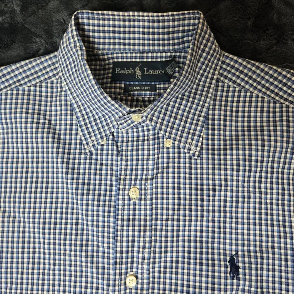 Polo Ralph Lauren Button Down Mens 15 32/33 White & Blue Long Sleeve Pony Logo